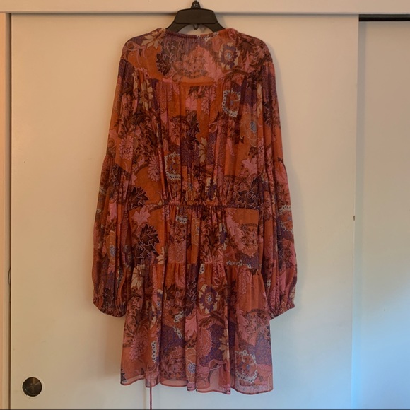 NWT A.L.C ALC pink purple printed tiered long sleeve v-neck mini dress - Picture 10 of 14